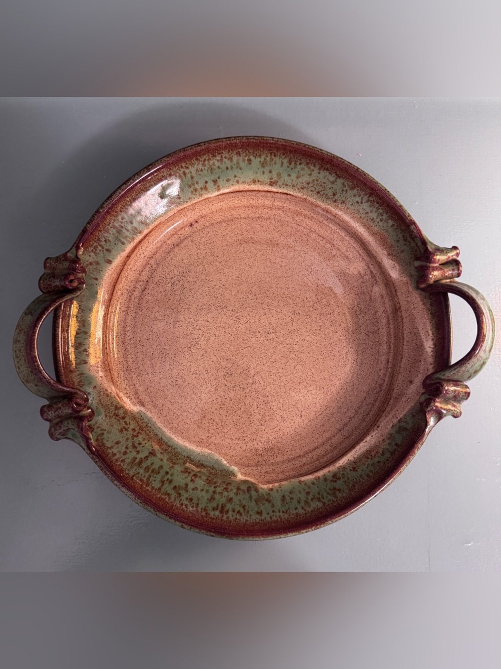 Vintage Pottery Round Two-Handled Ceramic Serving Platter Dish in Rust & Sage